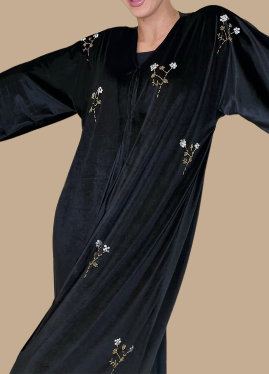 Black Closed Flowing Abaya with Floral Embroidery