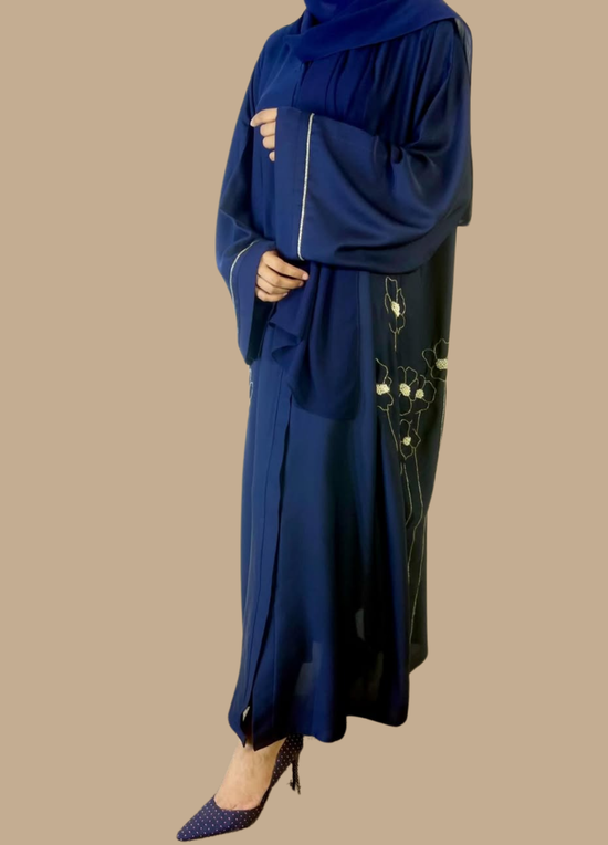 Silver Blossom Blue Abaya