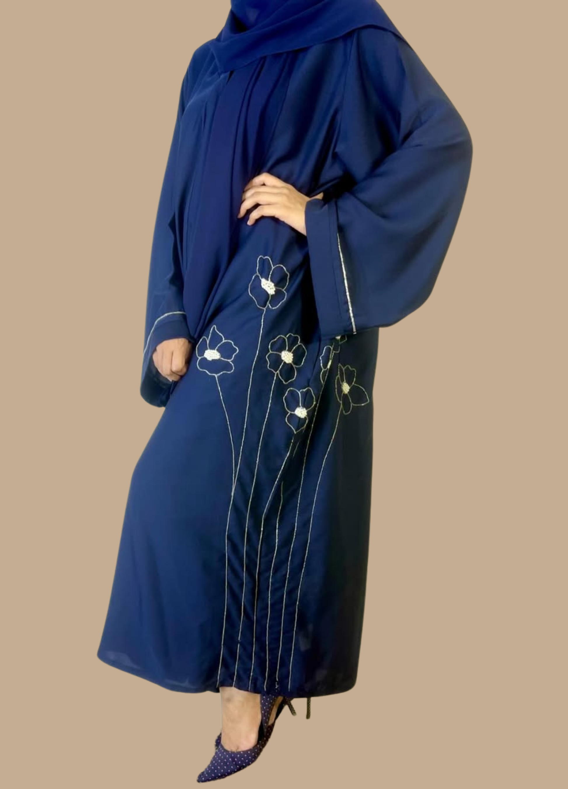 Silver Blossom Blue Abaya