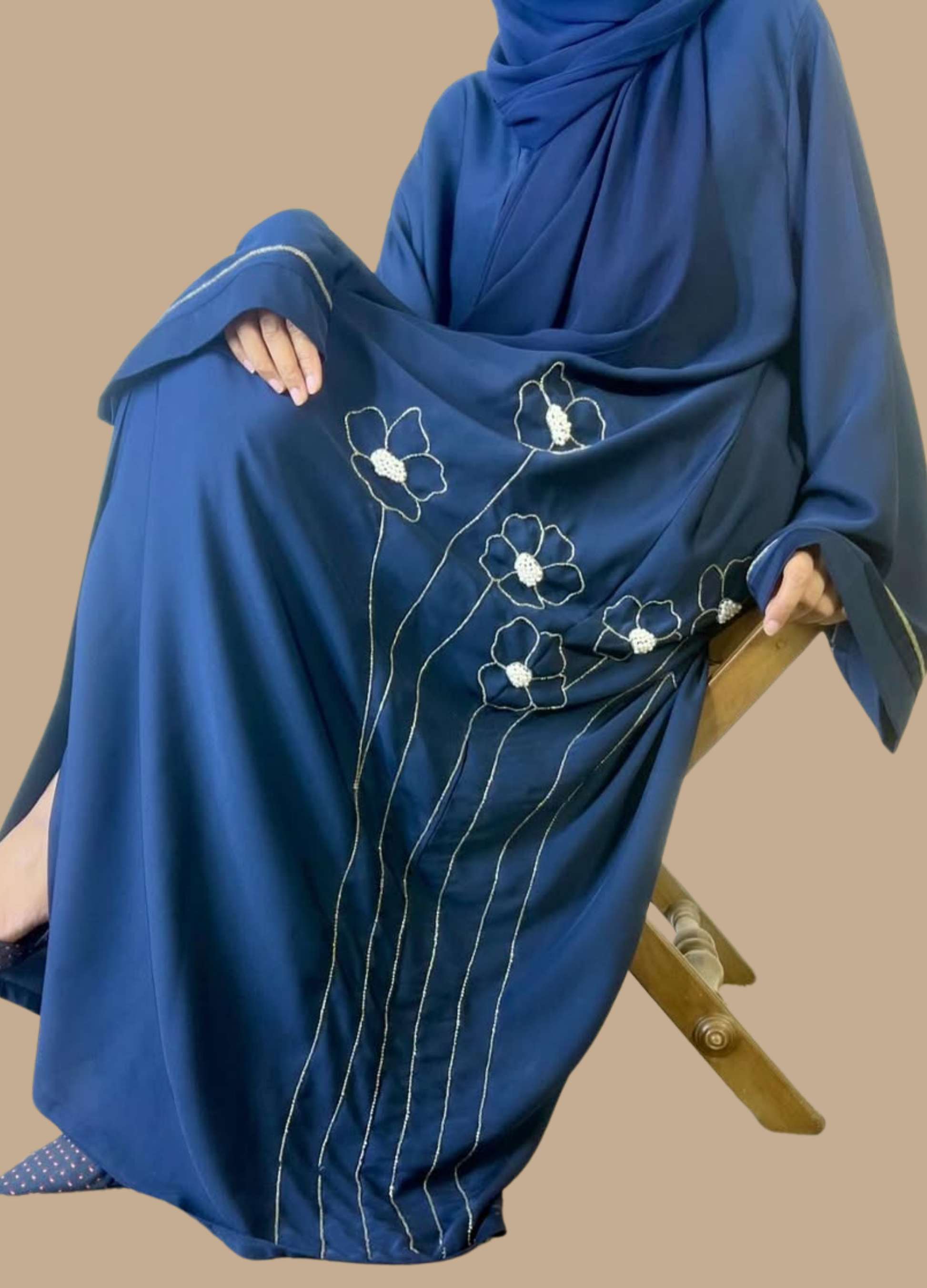 Silver Blossom Blue Abaya