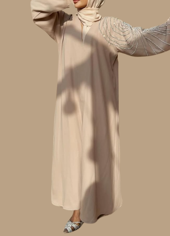 Beige Embroidered Open Abaya