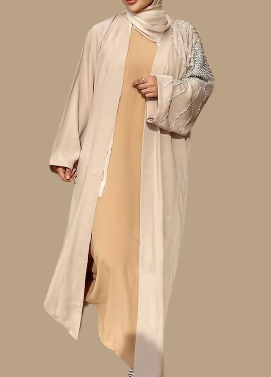 Beige Embroidered Open Abaya