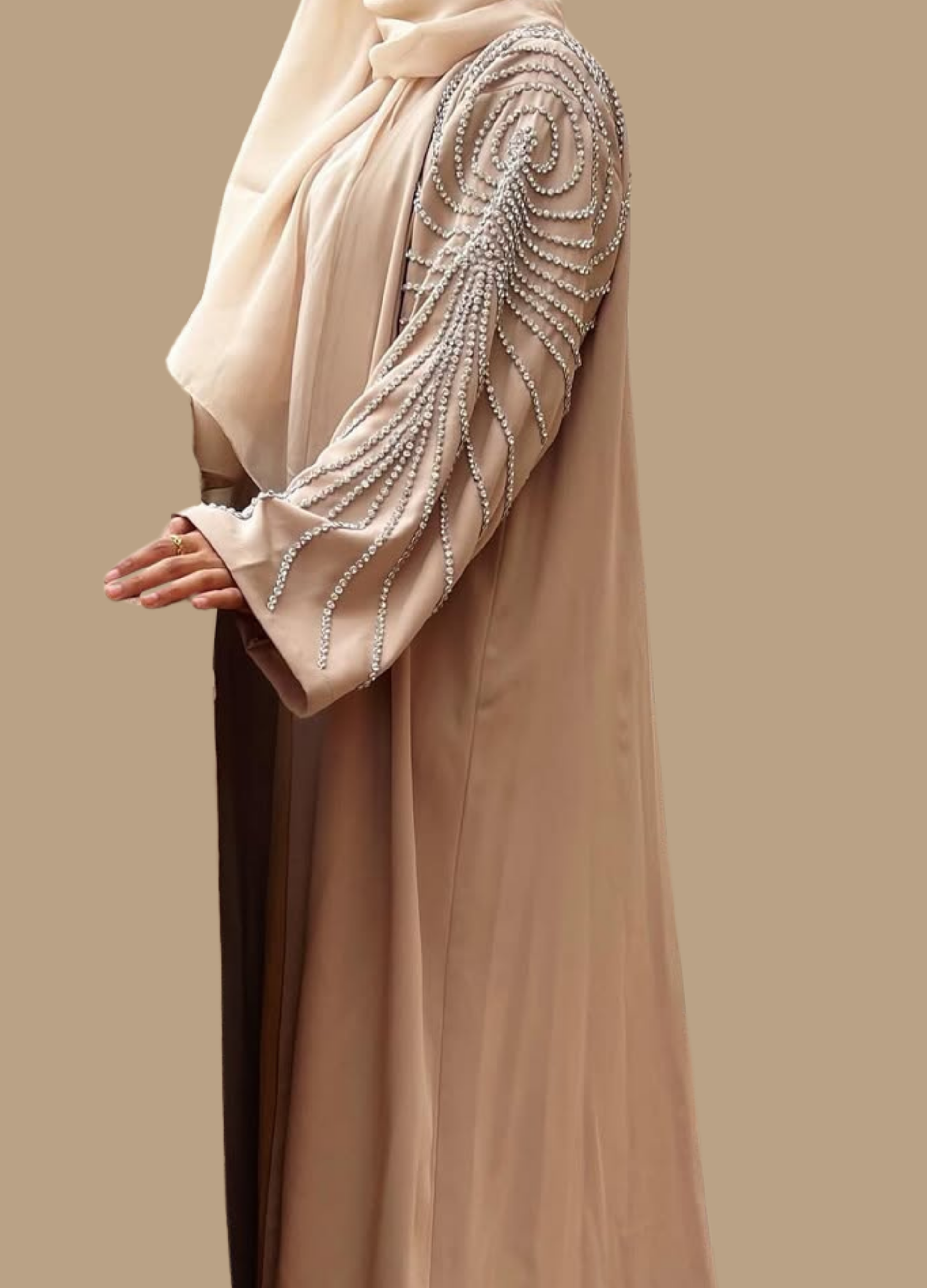 Beige Embroidered Open Abaya