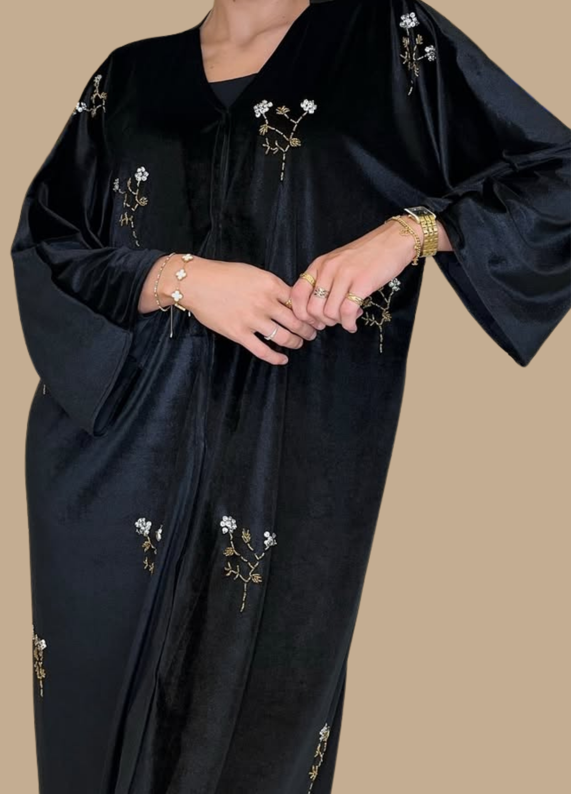 Black Closed Flowing Abaya with Floral Embroidery