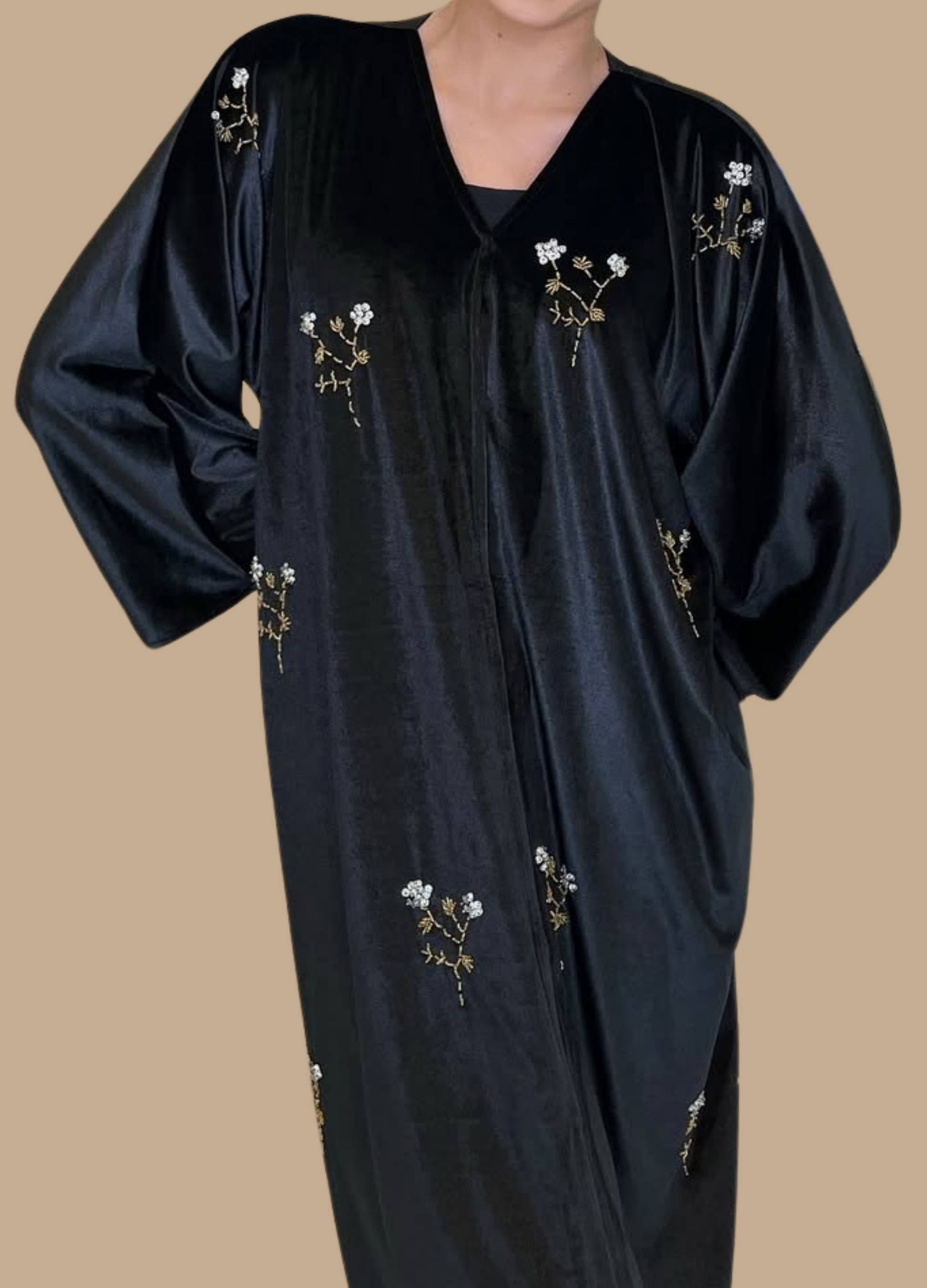 Black Closed Flowing Abaya with Floral Embroidery